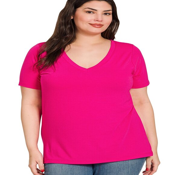 Zenana Premium Soft Plus Short Sleeve V-Neck Top Relaxed Fit Hot Pink 1X-3X - Picture 1 of 2